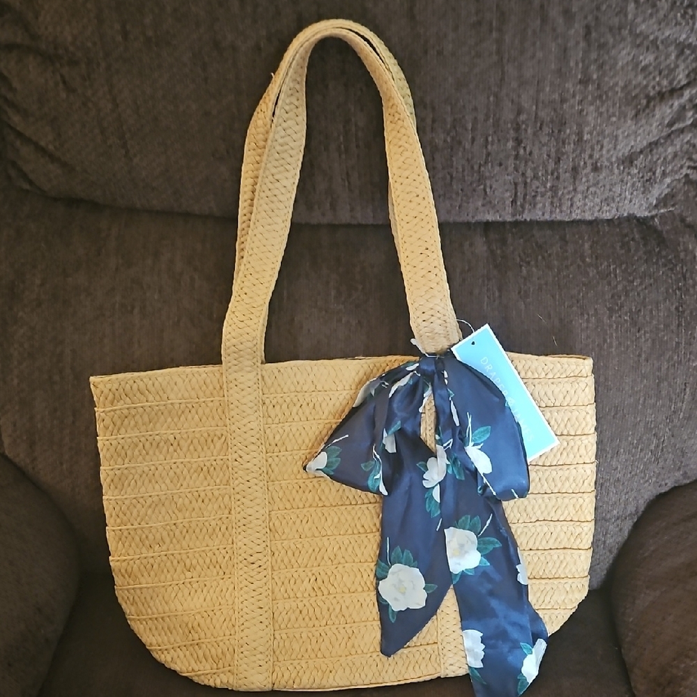 Elegant Tan Woven Tote Bag with Floral Scarf